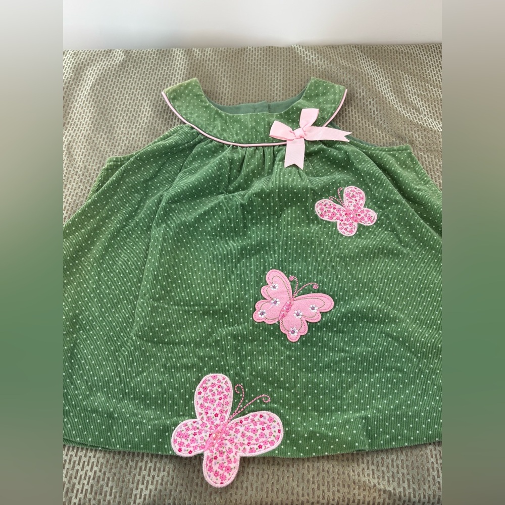 Vintage Rare Editions Green Corduroy Butterfly Dress - Polka Dot Bow 2T